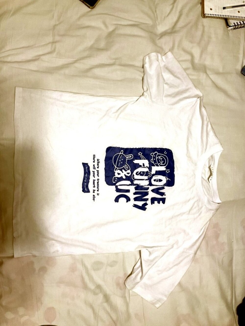 TONLION White Graphic Tee M LOVE FUNNY UC Blue Print 100 Cotton NWOT
